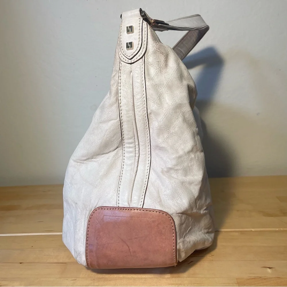 L.A.M.B. White Leather Hobo with Tan and Black Stripes